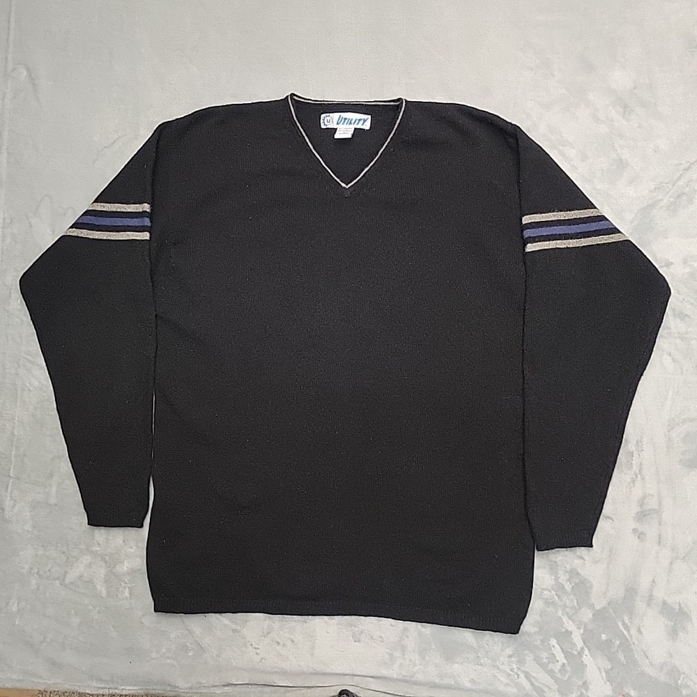 Utility Sweater Mens M Black V-Neck Lambswool Blend Striped Sleeve Pullover